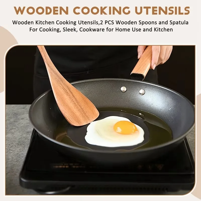 2Pcs / Set Acacia Wood Cooking Utensil Long Handle Spatula + Slotted Spatula Kitchen Tools (BPA Free, No FDA) - Wood Color
