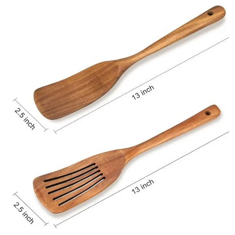 2Pcs / Set Acacia Wood Cooking Utensil Long Handle Spatula + Slotted Spatula Kitchen Tools (BPA Free, No FDA) - Wood Color