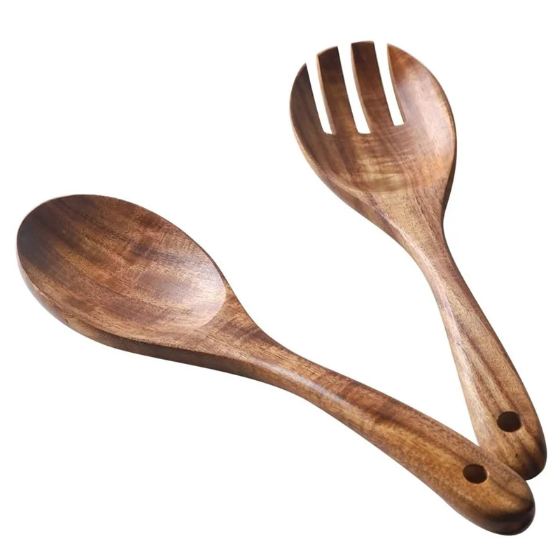 2Pcs / Set Acacia Wood Utensil Rice Spoon + Salad Fork Kitchen Tools (BPA Free, No FDA)