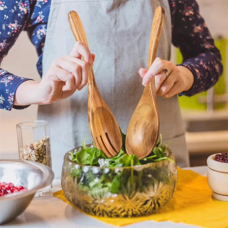 2Pcs / Set Acacia Wood Utensil Rice Spoon + Salad Fork Kitchen Tools (BPA Free, No FDA)