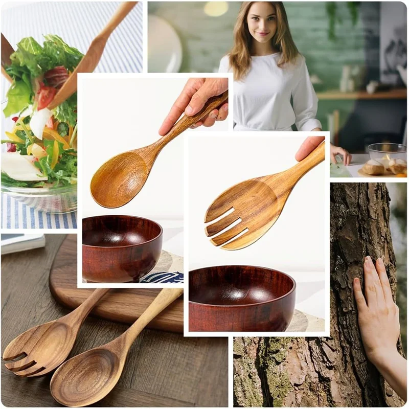 2Pcs / Set Acacia Wood Utensil Rice Spoon + Salad Fork Kitchen Tools (BPA Free, No FDA)