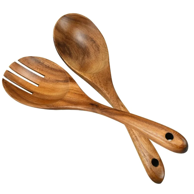 2Pcs / Set Acacia Wood Utensil Rice Spoon + Salad Fork Kitchen Tools (BPA Free, No FDA)