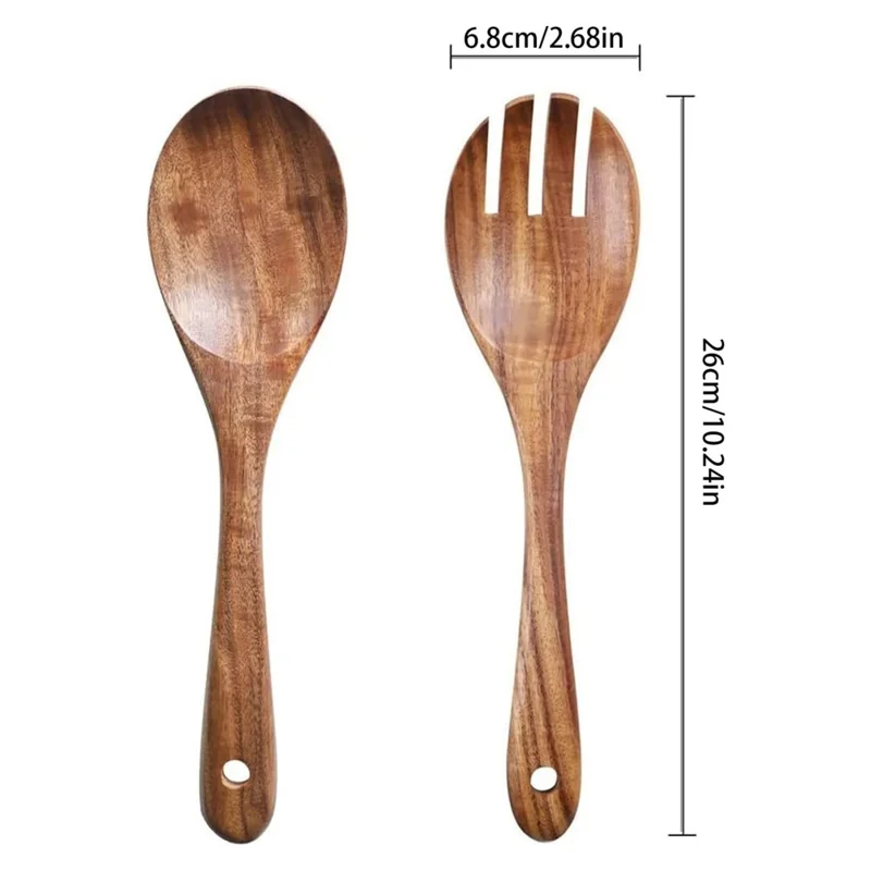 2Pcs / Set Acacia Wood Utensil Rice Spoon + Salad Fork Kitchen Tools (BPA Free, No FDA)