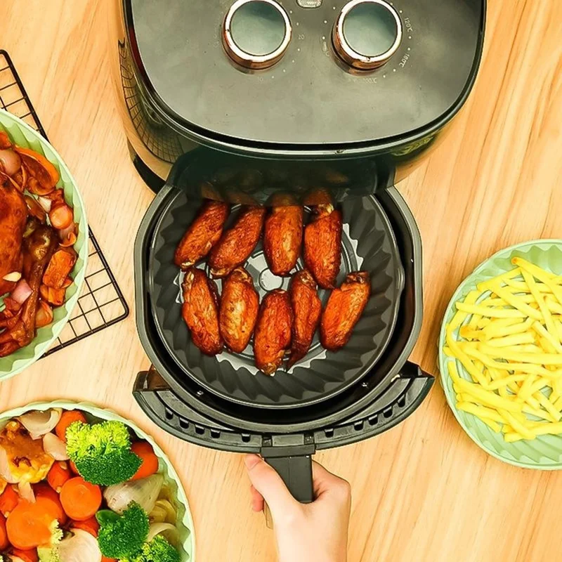 22cm Air Fryer Oven Silicone Baking Pan Heat Resistant Foldable Round Cake Mold with Hand Clamps (BPA Free, FDA Certified) - Style 2