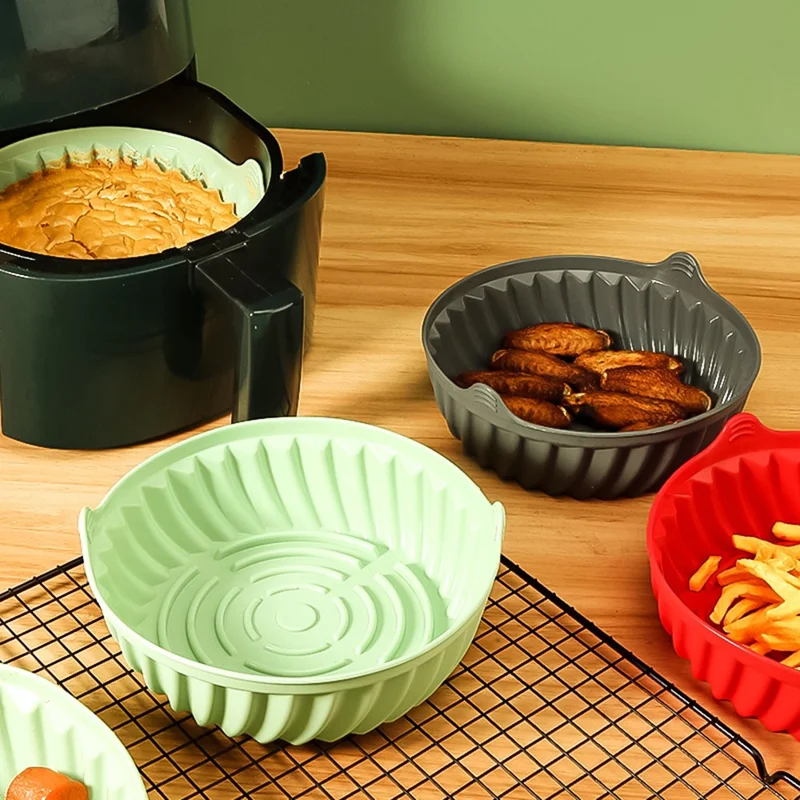 22cm Air Fryer Oven Silicone Baking Pan Heat Resistant Foldable Round Cake Mold with Hand Clamps (BPA Free, FDA Certified) - Style 2