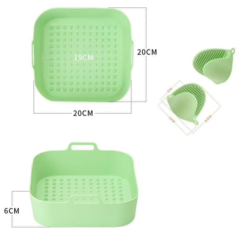 20cm Square Air Fryer Oven Silicone Baking Pan Heat Resistant Foldable Cake Mold with Hand Clamps (BPA Free, FDA Certified) - Cyan