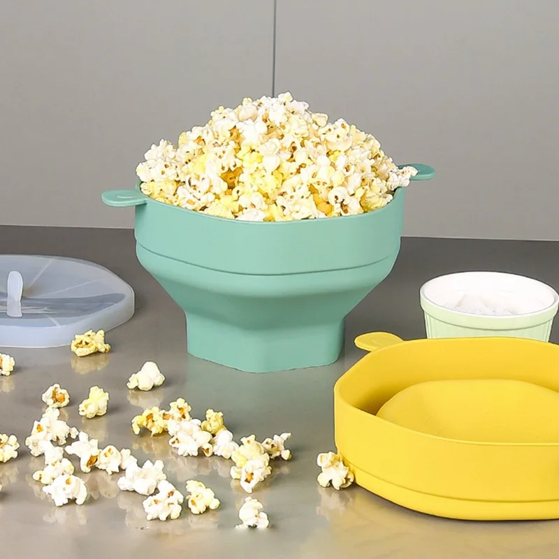 Silikon-Popcorn-Schüssel, mikrowellengeeignet, wiederverwendbar, zusammenklappbar, mit Deckel (BPA-frei, FDA-zertifiziert) - Cyan