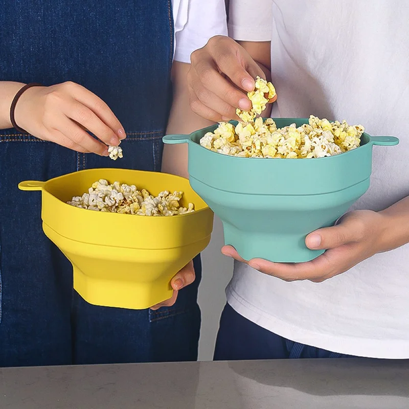 Silikon-Popcorn-Schüssel, mikrowellengeeignet, wiederverwendbar, zusammenklappbar, mit Deckel (BPA-frei, FDA-zertifiziert) - Cyan