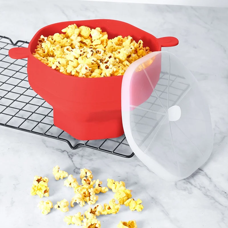 Silicone Popcorn Bowl Microwave Safe Reusable Collapsible Container with Lid  (BPA Free, FDA Certified) - Red