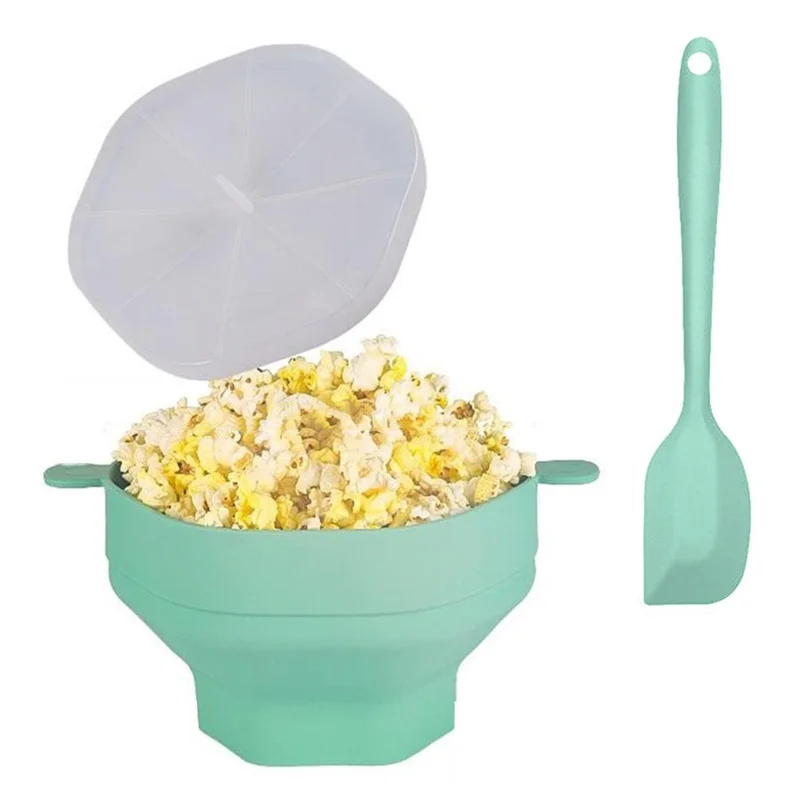 Cuenco de Palomitas de Silicona para Microondas, Plegable y Reutilizable con Tapa y Raspador (Sin BPA, Certificado por la FDA) - Cian