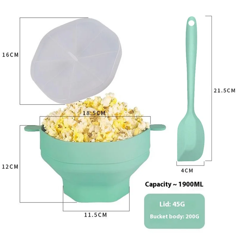 Cuenco de Palomitas de Silicona para Microondas, Plegable y Reutilizable con Tapa y Raspador (Sin BPA, Certificado por la FDA) - Cian