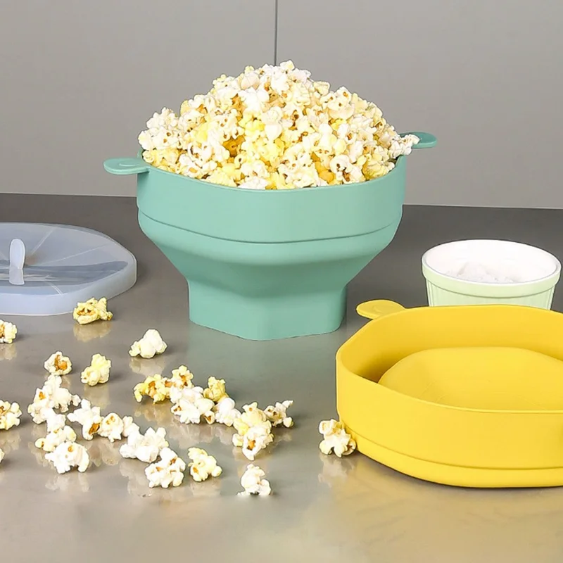 Cuenco de Palomitas de Silicona para Microondas, Plegable y Reutilizable con Tapa y Raspador (Sin BPA, Certificado por la FDA) - Cian