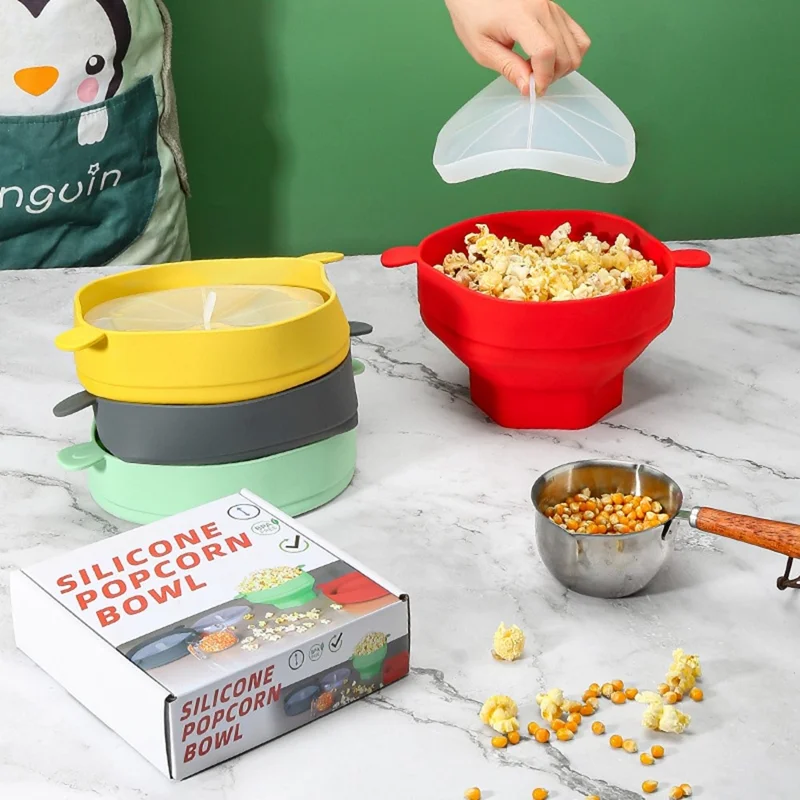 Cuenco de Palomitas de Silicona para Microondas, Plegable y Reutilizable con Tapa y Raspador (Sin BPA, Certificado por la FDA) - Cian