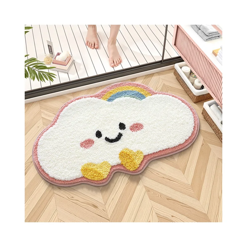 Alfombra de baño de 50 x 80 cm con diseño de nubes de dibujos animados, súper absorbente, de secado rápido y antideslizante para el hogar - Rosa