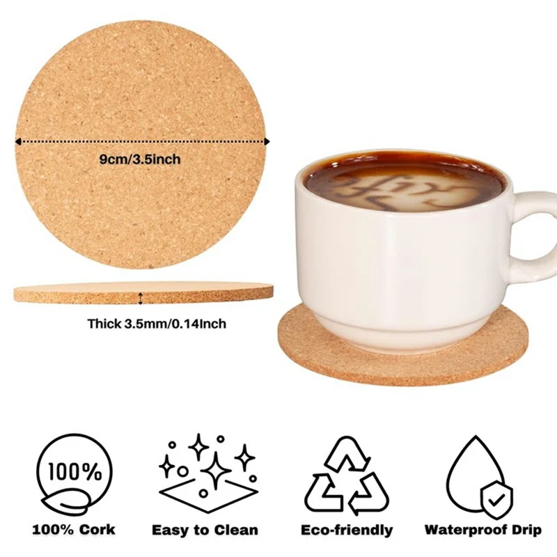 10 Peças de Porta-copos Redondos de Cortiça com Borda Natural, Tapetes para Bebidas, Base Antiderrapante e de Isolamento, Diâmetro de 90 MM, Espessura de 3 MM