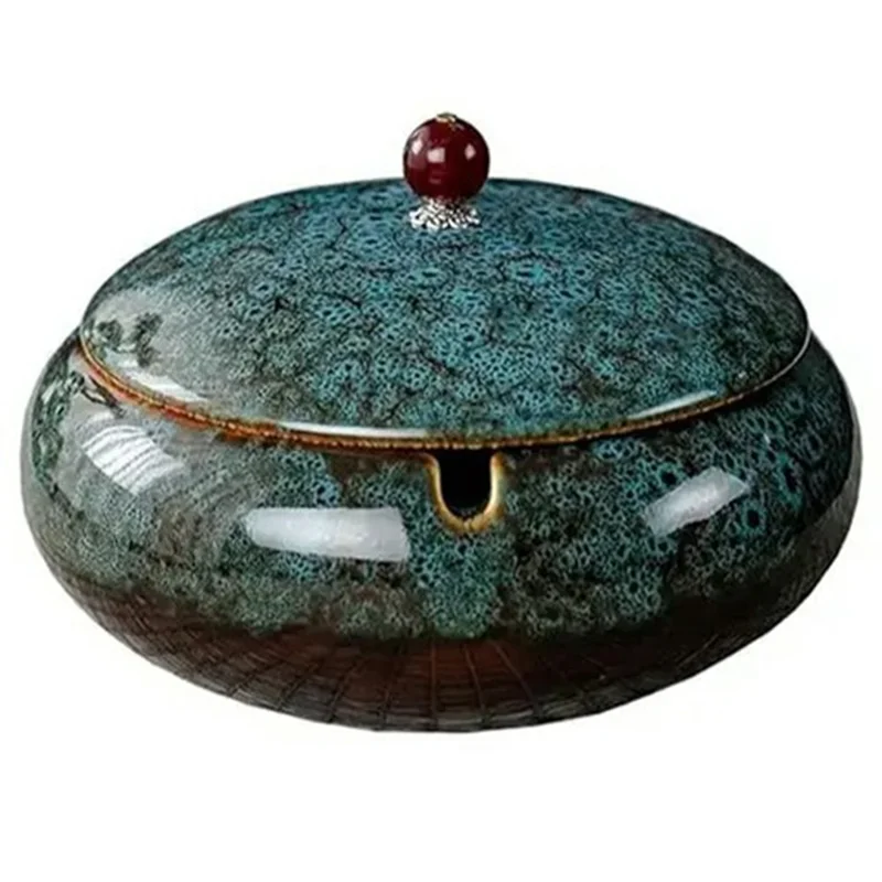 Cenicero de Cerámica con Tapa de Tres Ranuras, Diseño Creativo y Elegante, Interior Curvo sin Humo, Color Azul Horno