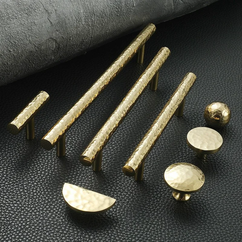 Size L Round Hammered Texture Single Hole Cabinet Handle European Style Brass Drawer Wardrobe Pull Knob
