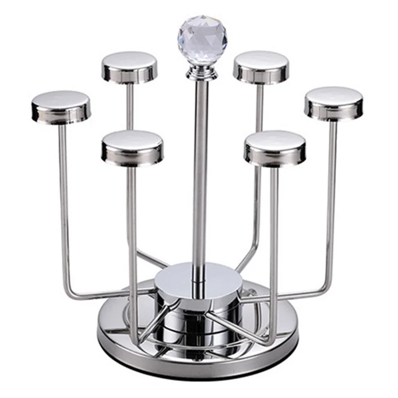 360 Degree Rotating Mug Holder Stainless Steel 6 Hooks Cup Drying Rack Kitchen Drinkware Organizer, Silver