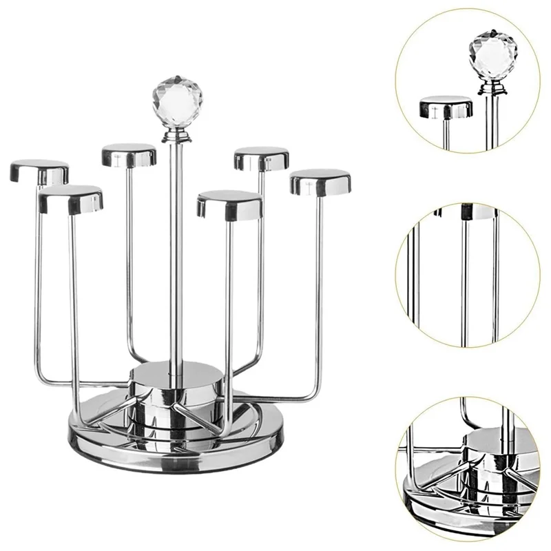 360 Degree Rotating Mug Holder Stainless Steel 6 Hooks Cup Drying Rack Kitchen Drinkware Organizer, Silver