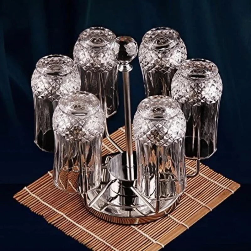 360 Degree Rotating Mug Holder Stainless Steel 6 Hooks Cup Drying Rack Kitchen Drinkware Organizer, Silver