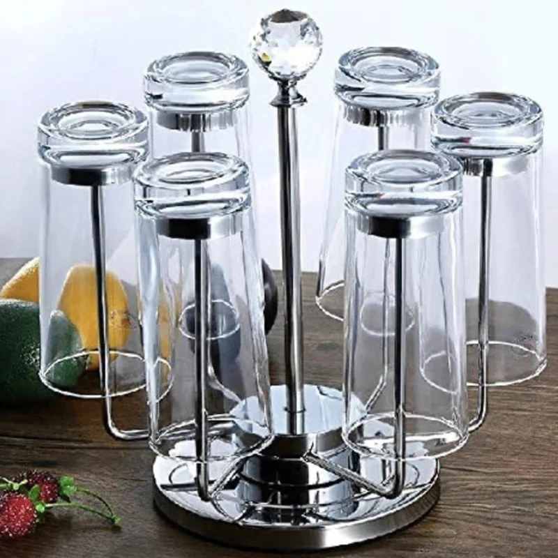 360 Degree Rotating Mug Holder Stainless Steel 6 Hooks Cup Drying Rack Kitchen Drinkware Organizer, Silver