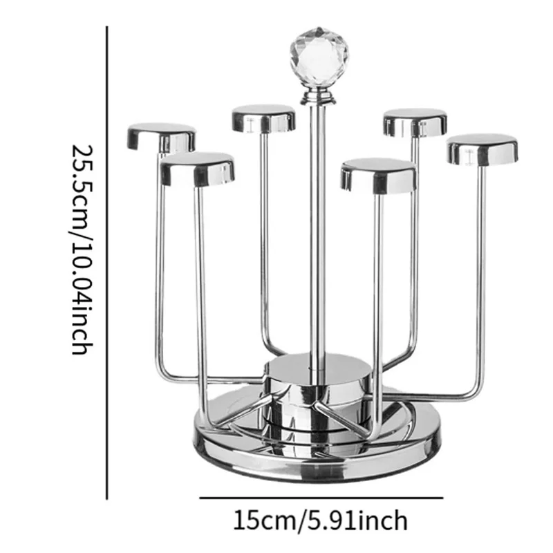 360 Degree Rotating Mug Holder Stainless Steel 6 Hooks Cup Drying Rack Kitchen Drinkware Organizer, Silver