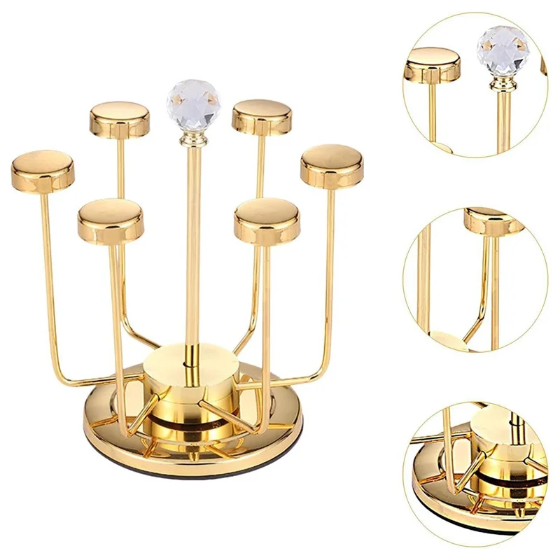 360 Degree Rotating Mug Holder Stainless Steel 6 Hooks Cup Drying Rack Kitchen Drinkware Organizer, Gold