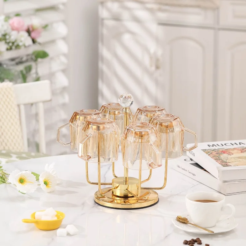 360 Degree Rotating Mug Holder Stainless Steel 6 Hooks Cup Drying Rack Kitchen Drinkware Organizer, Gold