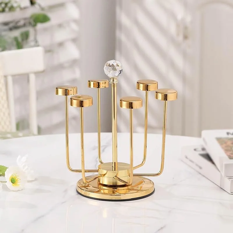 360 Degree Rotating Mug Holder Stainless Steel 6 Hooks Cup Drying Rack Kitchen Drinkware Organizer, Gold