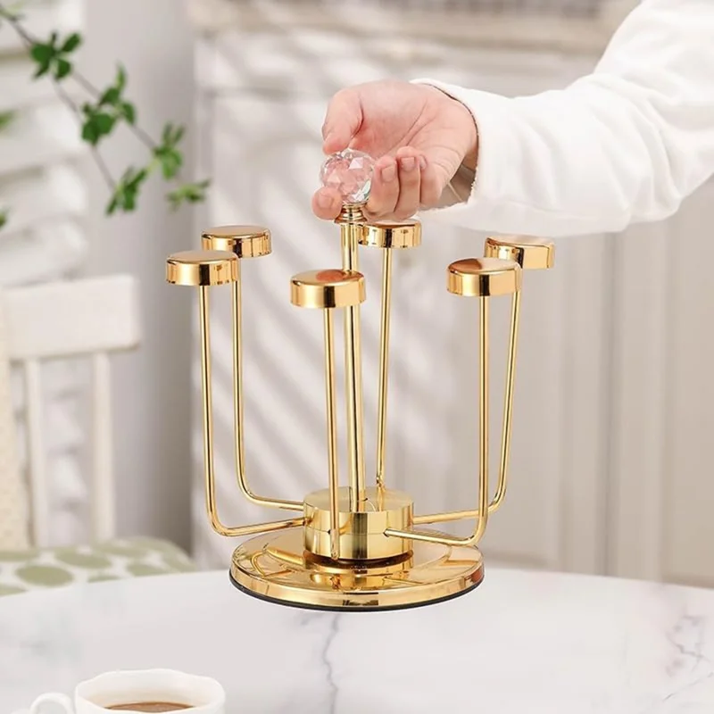 360 Degree Rotating Mug Holder Stainless Steel 6 Hooks Cup Drying Rack Kitchen Drinkware Organizer, Gold