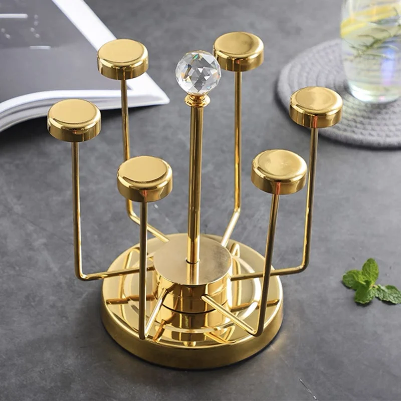 360 Degree Rotating Mug Holder Stainless Steel 6 Hooks Cup Drying Rack Kitchen Drinkware Organizer, Gold