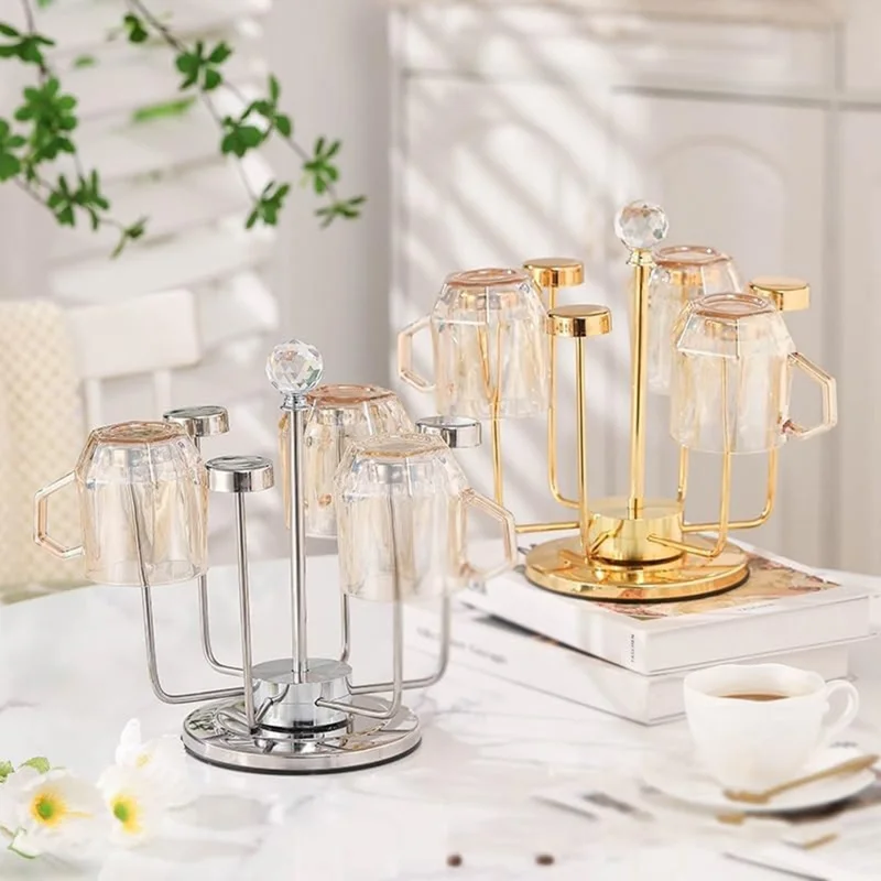 360 Degree Rotating Mug Holder Stainless Steel 6 Hooks Cup Drying Rack Kitchen Drinkware Organizer, Gold