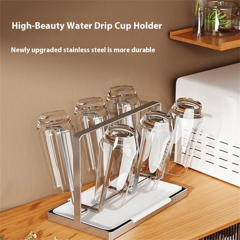 Stainless Steel 6 Cup Drying Rack with Drip Tray Upside Down Storage Organizer for Mugs Bottles Glasses, Style B