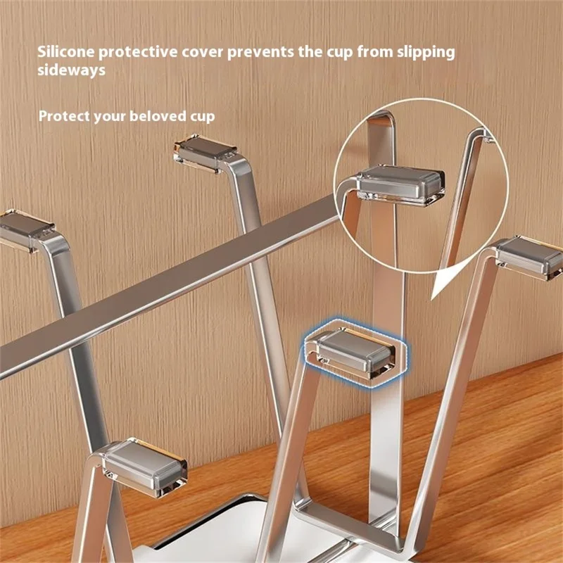 Stainless Steel 6 Cup Drying Rack with Drip Tray Upside Down Storage Organizer for Mugs Bottles Glasses, Style B