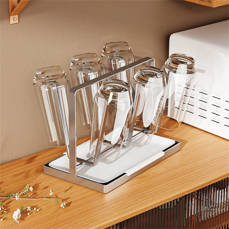 Stainless Steel 6 Cup Drying Rack with Drip Tray Upside Down Storage Organizer for Mugs Bottles Glasses, Style B