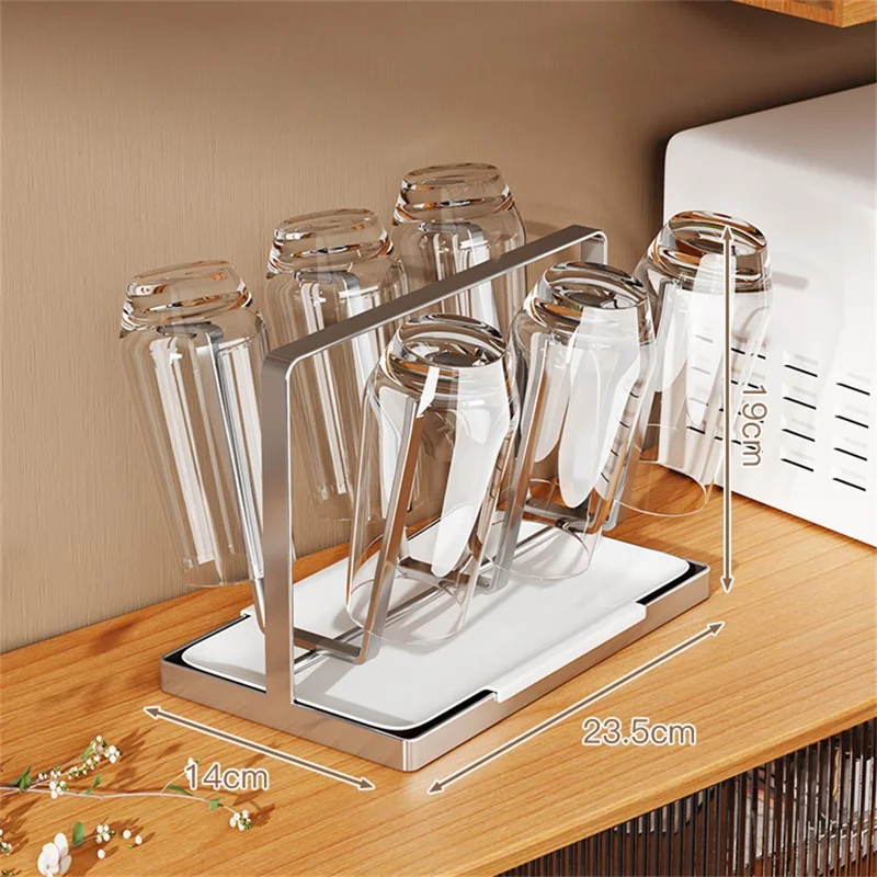 Stainless Steel 6 Cup Drying Rack with Drip Tray Upside Down Storage Organizer for Mugs Bottles Glasses, Style B