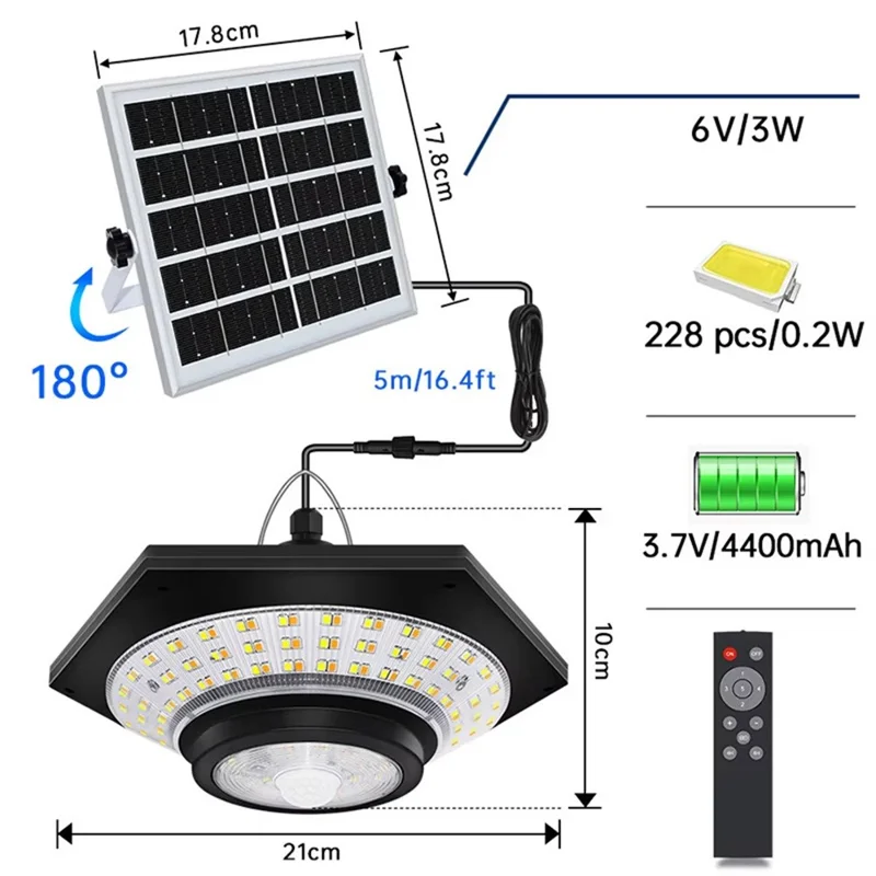 228 LED Solar Powered Motion Sensor Light IP65 Waterproof Remote Control Pendant Lamp for Garage