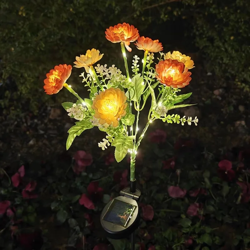 2 Peças de Luzes de Flor de Lótus de Neve Artificial Alimentadas por Energia Solar para Jardim Externo e Paisagismo - Laranja