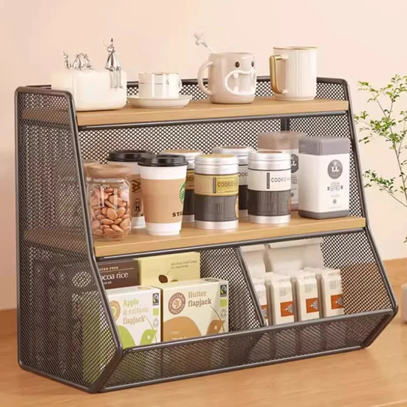 Desktop Storage Basket for Kitchen Countertop Iron Frame Wooden Board Dining Table Tea Cup Holder Shelf, Double Grid - Black+Wood Color