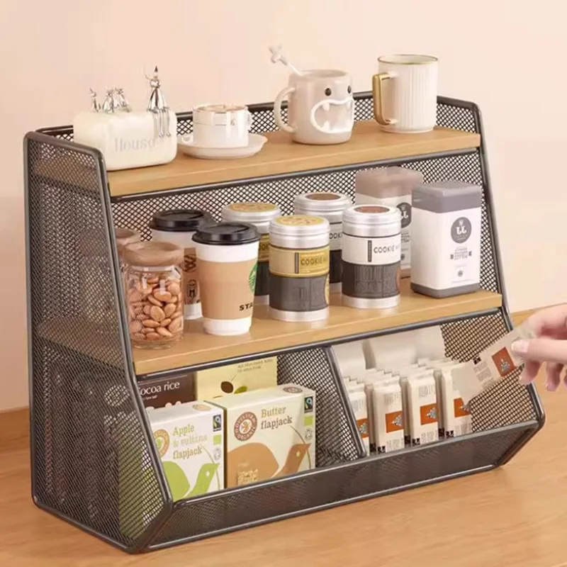 Desktop Storage Basket for Kitchen Countertop Iron Frame Wooden Board Dining Table Tea Cup Holder Shelf, Double Grid - Black+Wood Color