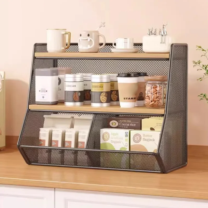 Desktop Storage Basket for Kitchen Countertop Iron Frame Wooden Board Dining Table Tea Cup Holder Shelf, Double Grid - Black+Wood Color