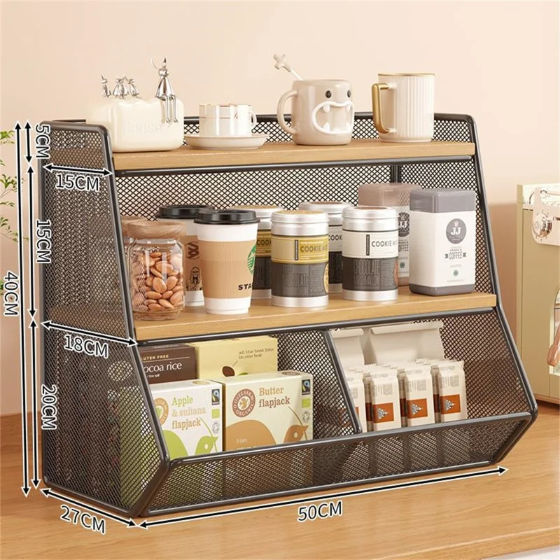 Desktop Storage Basket for Kitchen Countertop Iron Frame Wooden Board Dining Table Tea Cup Holder Shelf, Double Grid - Black+Wood Color