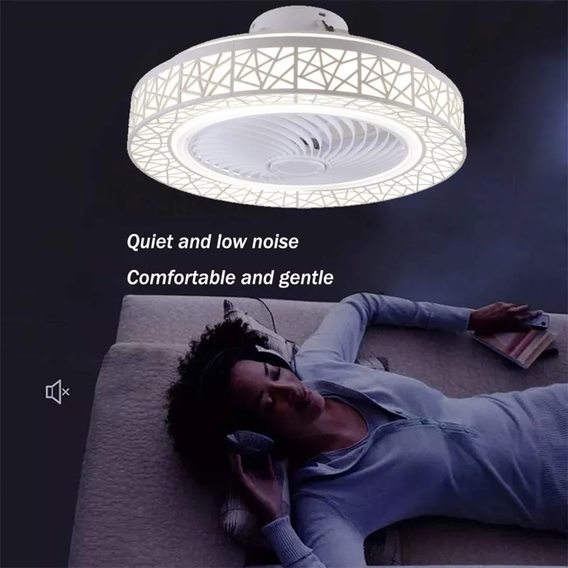Nordic Hollow Out LED Ceiling Light 3 Speeds Adjustable Remote Control Fan for Living Room Bedroom - White