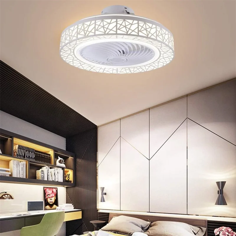 Nordic Hollow Out LED Ceiling Light 3 Speeds Adjustable Remote Control Fan for Living Room Bedroom - White