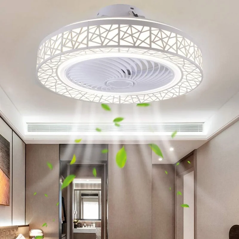 Nordic Hollow Out LED Ceiling Light 3 Speeds Adjustable Remote Control Fan for Living Room Bedroom - White