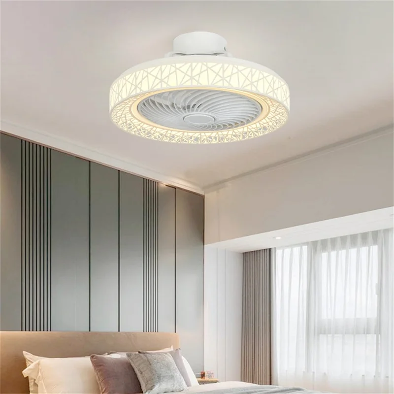 Nordic Hollow Out LED Ceiling Light 3 Speeds Adjustable Remote Control Fan for Living Room Bedroom - White