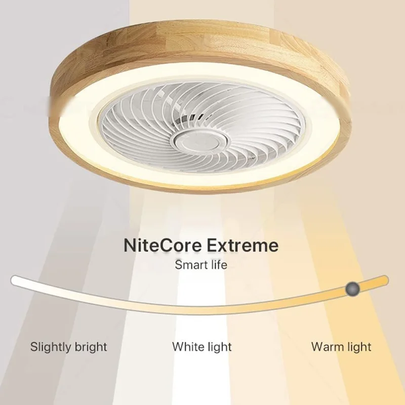 220V Solid Wood Ceiling Fan Light Stepless Dimming Modern LED Lamp for Bedroom Kids Room, Remote + APP Control