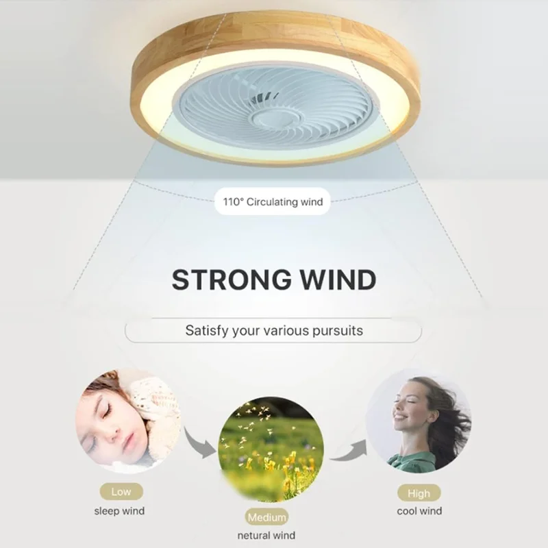 220V Solid Wood Ceiling Fan Light Stepless Dimming Modern LED Lamp for Bedroom Kids Room, Remote + APP Control