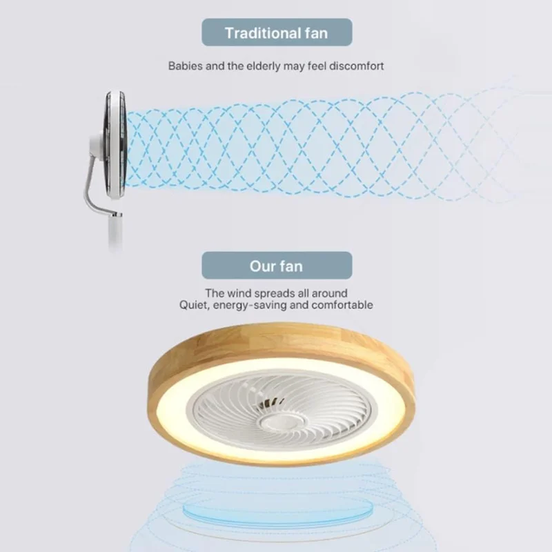 220V Solid Wood Ceiling Fan Light Stepless Dimming Modern LED Lamp for Bedroom Kids Room, Remote + APP Control