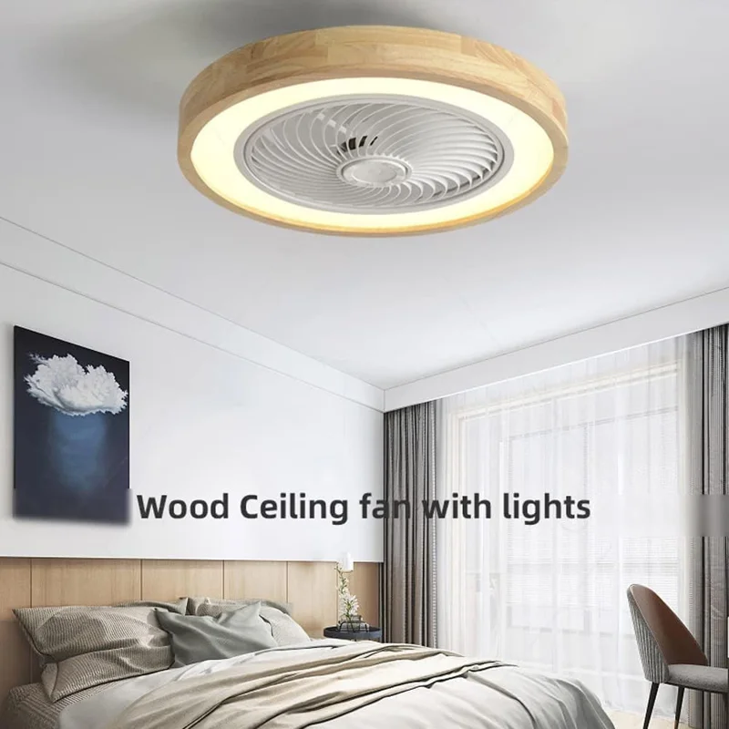 220V Solid Wood Ceiling Fan Light Stepless Dimming Modern LED Lamp for Bedroom Kids Room, Remote + APP Control